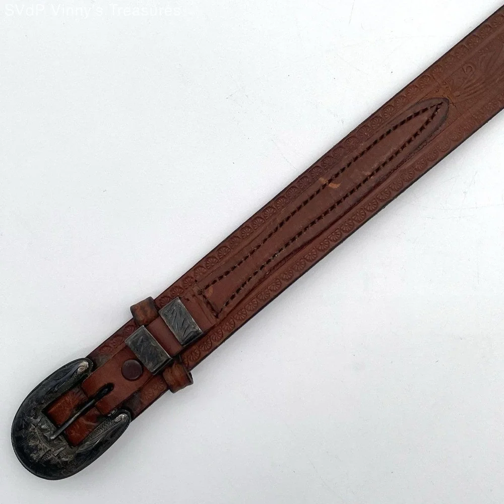 Vintage Handmade Women's Brown Tooled Leather Western Bird Floral Belt Sz 32-35